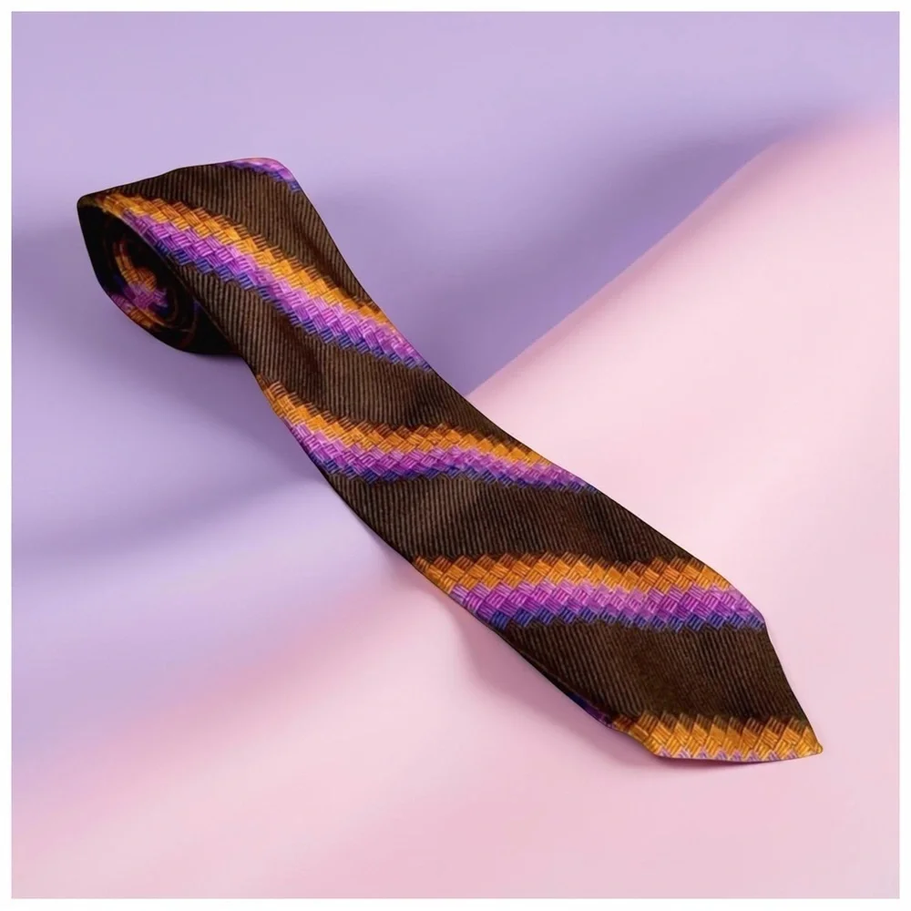 Bijan Handcrafted Silk Tie – Italy – Brown, Purple, Gold Stripes - Picture 4 of 10